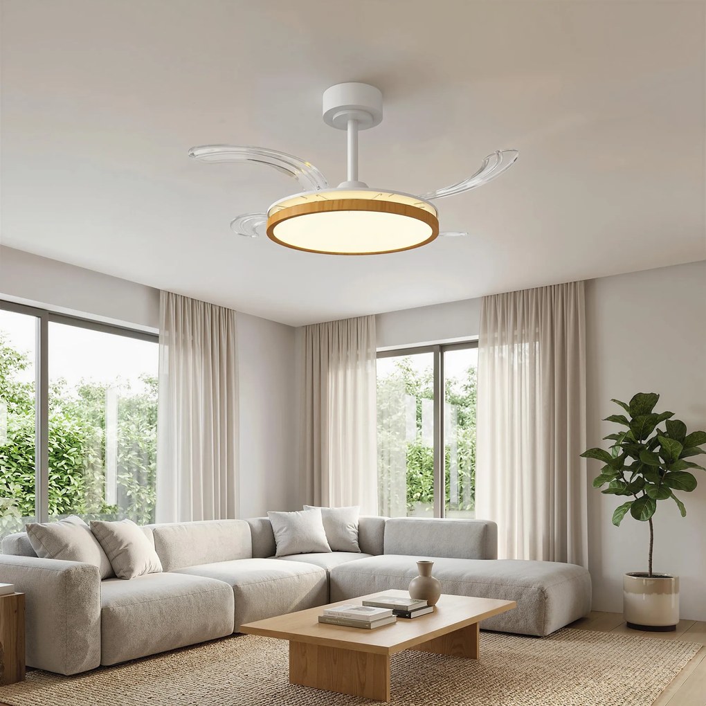 Ventoinha de Teto com Luz LED 80 W Motor DC Reversível Controlo Remoto 6 Velocidades Temporizador Ø95 cm Branco e Madeira