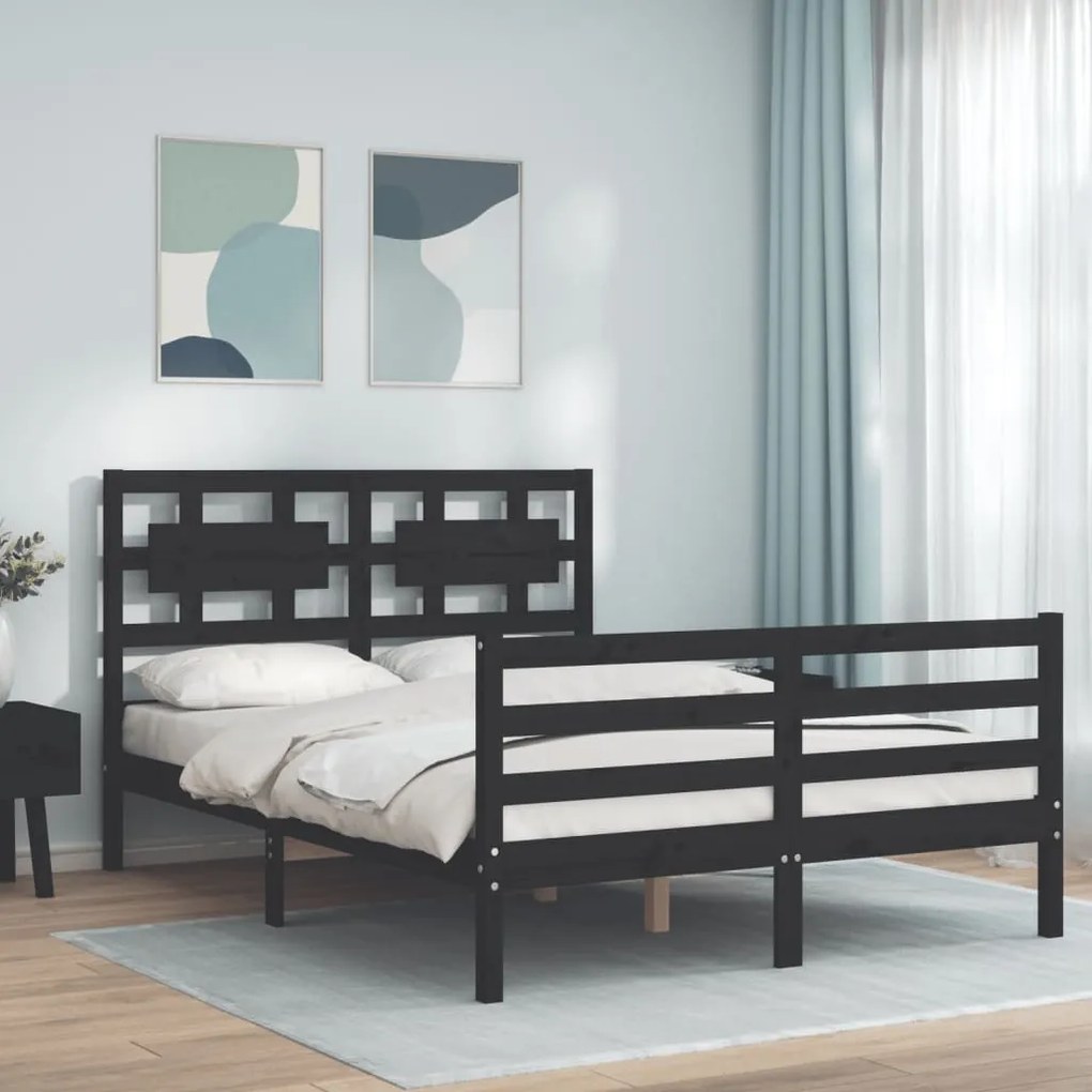 Estrutura de cama de casal c/ cabeceira madeira maciça preto