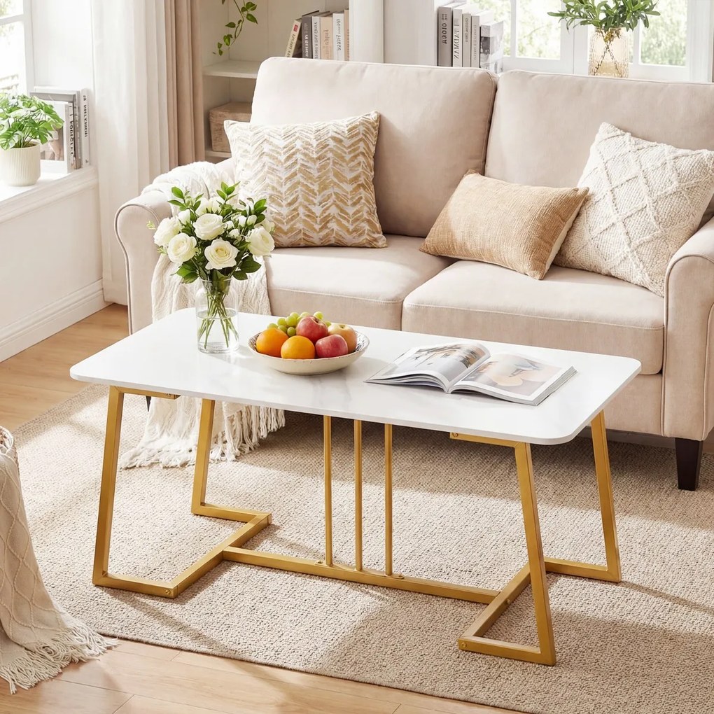 Mesa centro com tampo em pedra Sierra Nevada estilo mármore e estrutura dourada, 90 x 50 x 41,5 cm Branco + Dourado