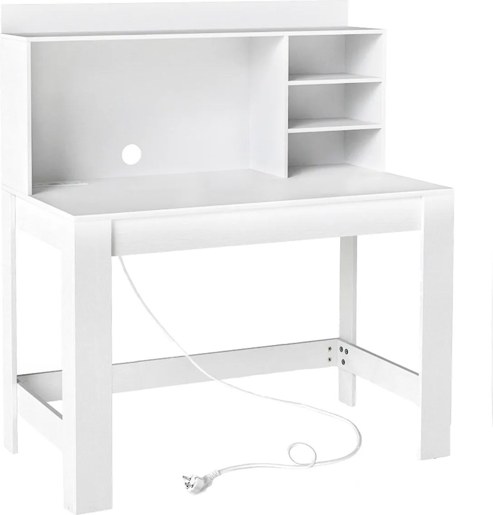 Secretária de computador 108 x 60 x 125 cm com estante com tomadas e orifício para cabos branca