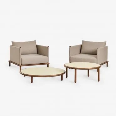 Conjunto De Sala Com 2 Poltronas E 2 Mesas De Centro Redondas Em Madeira De Acácia Olivia Beige Semoline & Castanho-acácia Escuro - Sklum