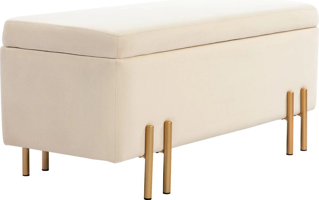 Banco com arrumação e baú de arrumação de design contemporâneo - espaço de arrumação em veludo bege com base em metal dourado