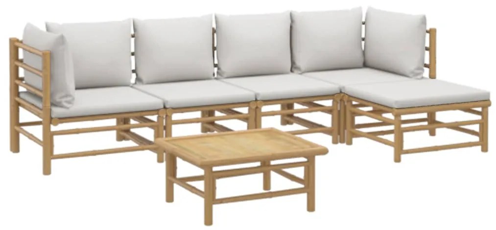 6 pcs conj. lounge de jardim bambu c/ almofadões cinzento-claro