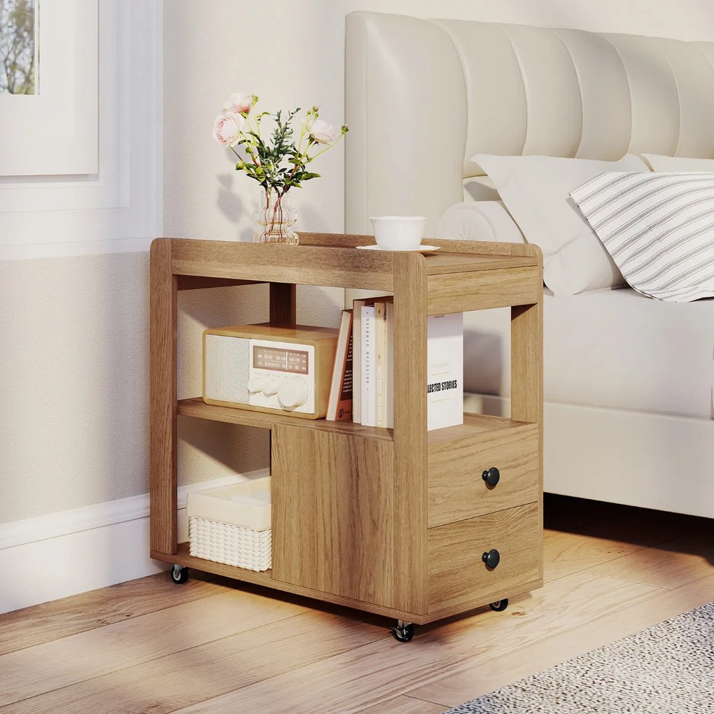 Mesa Lateral para Sofá ou Mesa de Cabeceira 65 x 30 x 62 cm com 2 Gavetas e Prateleiras Abertas com Rodas para Sala Natural