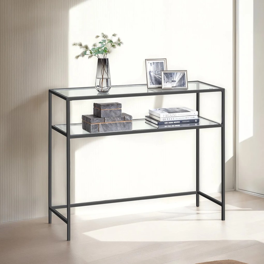 Mesa consola com 2 níveis, mesa de entrada 35 x 100 x 80 cm vidro, aço Preta