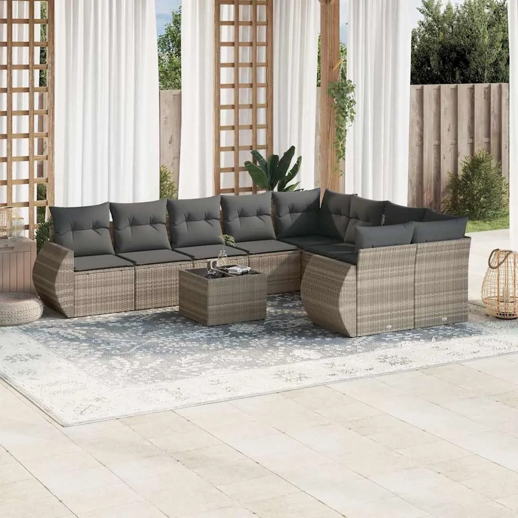 vidaXL 10 pcs conj. sofás jardim com almofadões vime PE cinzento-claro