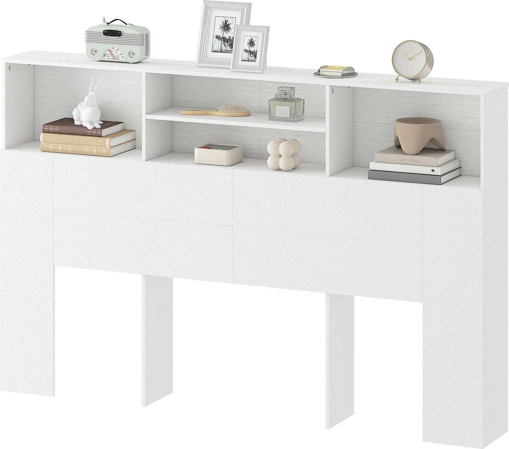 Cabeceira de cama com pés e espaço de arrumação 160 x 20,2 x 108,2 cm, acessório de cama com 4 compartimentos abertos, branco