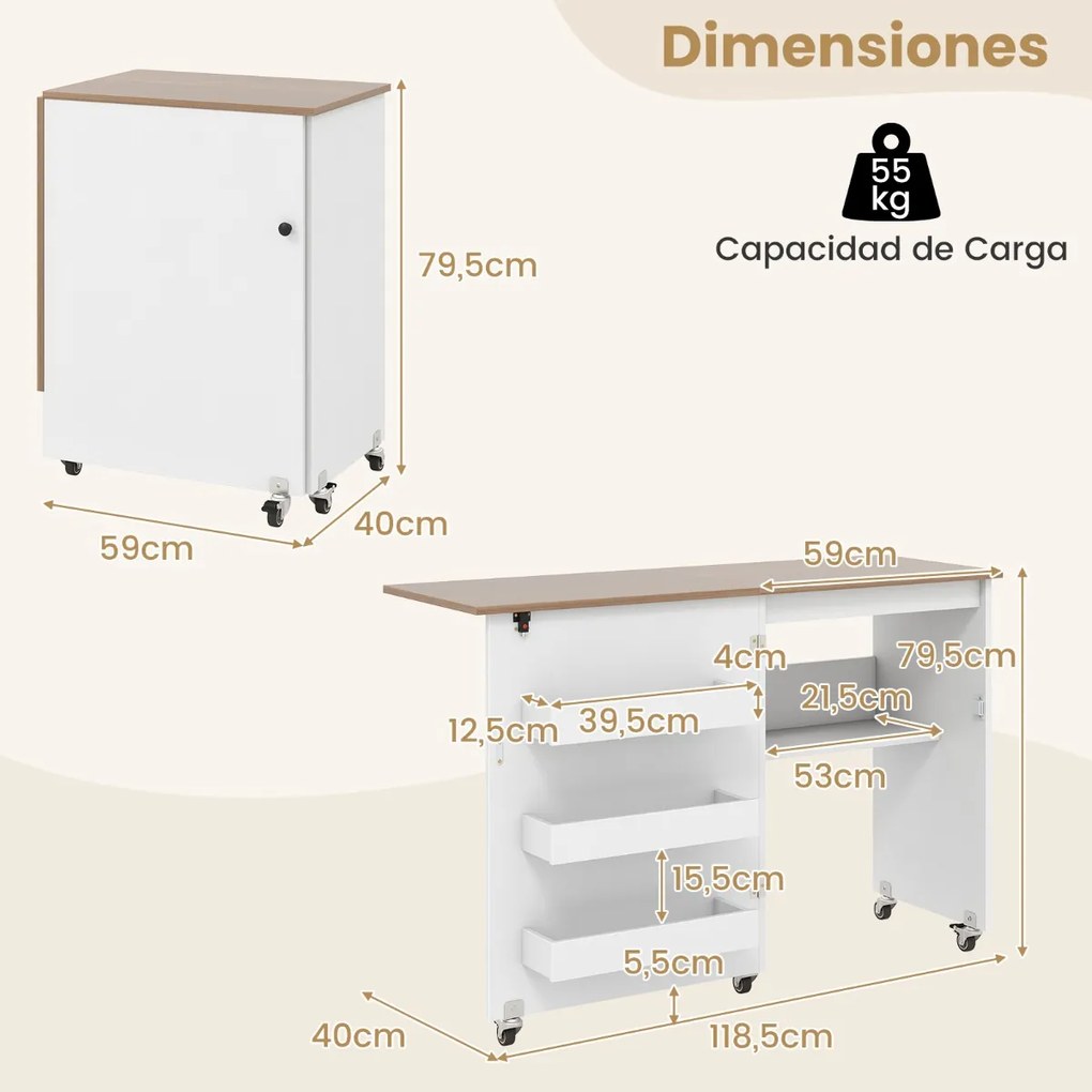 Mesa de costura dobrável com prateleira e 3 compartimentos ocultos com rodas bloqueáveis Natural e Branca