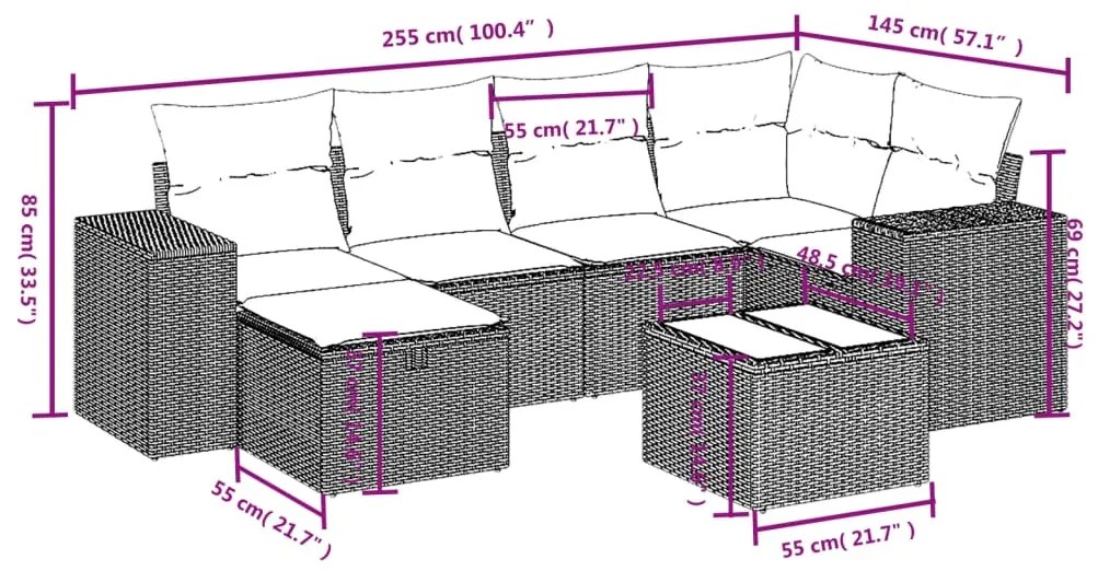7 pcs conjunto de sofás p/ jardim com almofadões vime PE bege