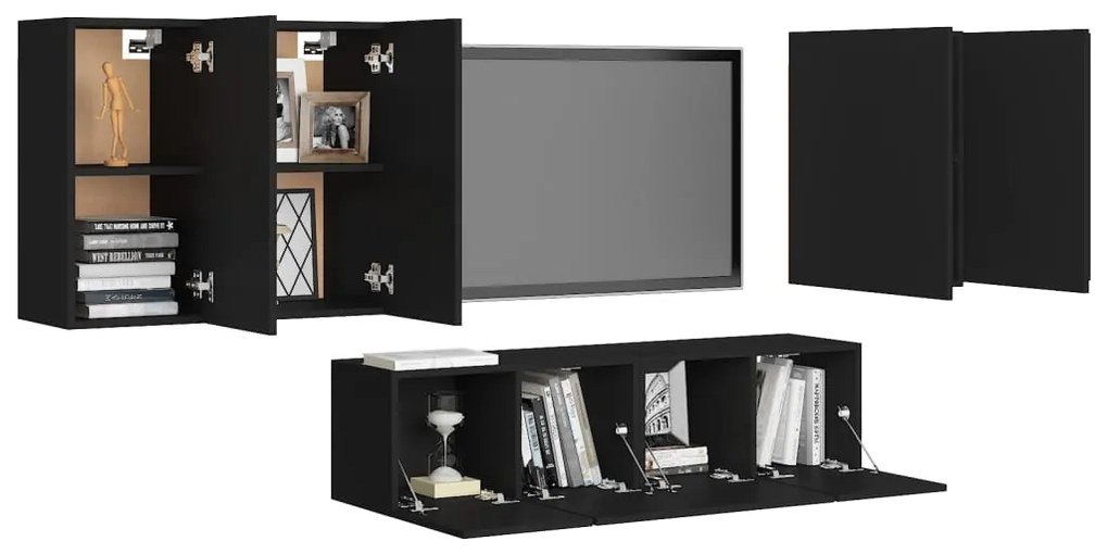 6 pcs conjunto de móveis de TV contraplacado preto