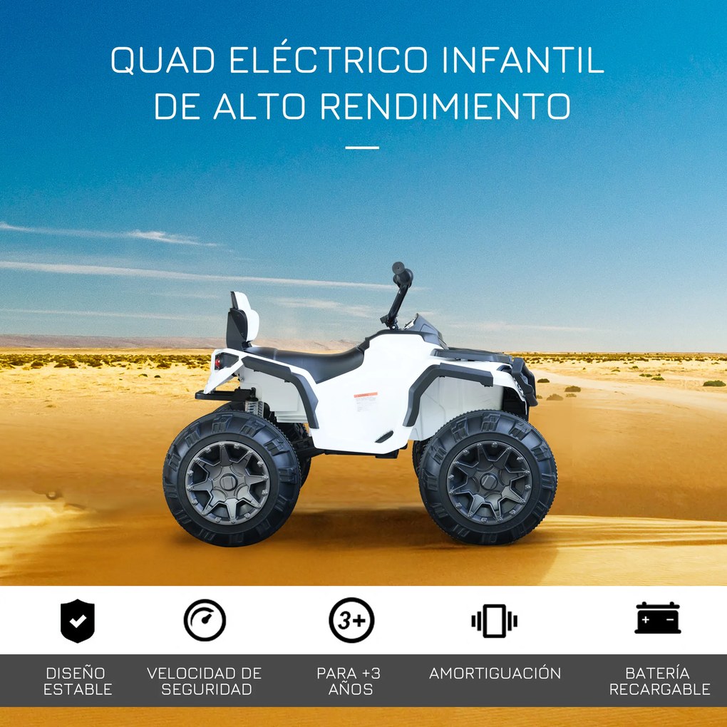 HOMCOM Quadriciclo Elétrico Infantil para Crianças acima de 3 Anos com Bateria 12V MP3 Rádio Luzes Carga Máxima 30kg 103x68x73cm Branco