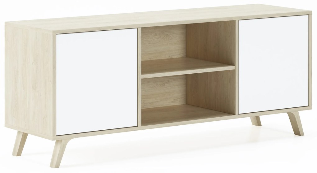 Móvel de TV 140 com 2 portas, sala, modelo WIND, estrutura cor Puccini, portas cor Branco, medidas 140x40x57cm de altura.