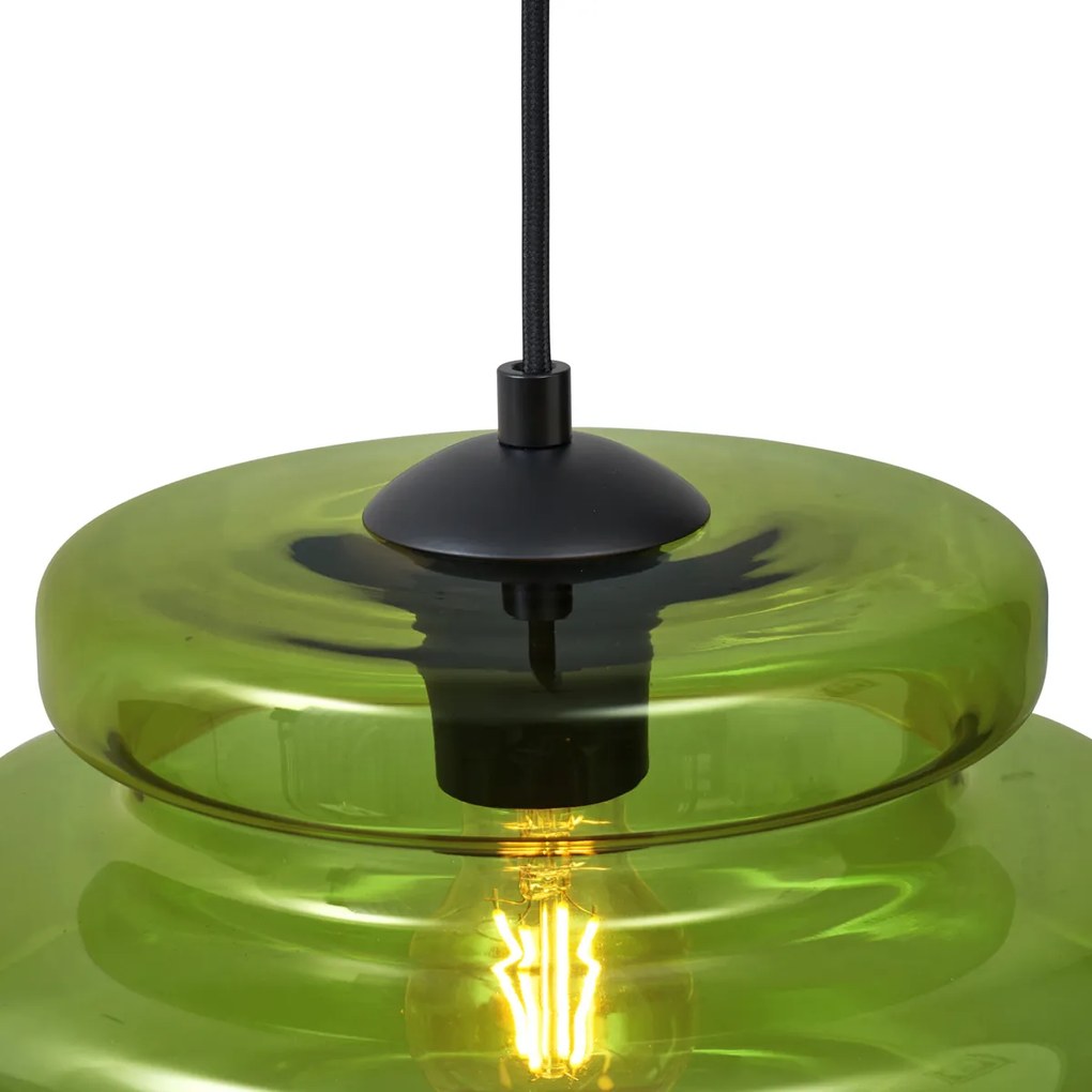 Candeeiro suspenso retro preto com vidro verde 3 luzes - Denise Retro