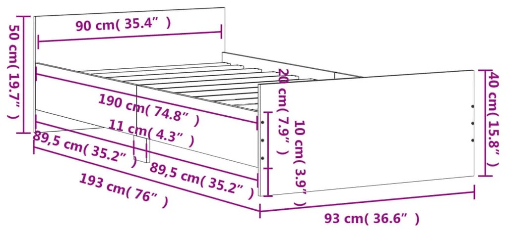 Estrutura de Cama Moona - 90x190 cm - Cinzento - Design Moderno