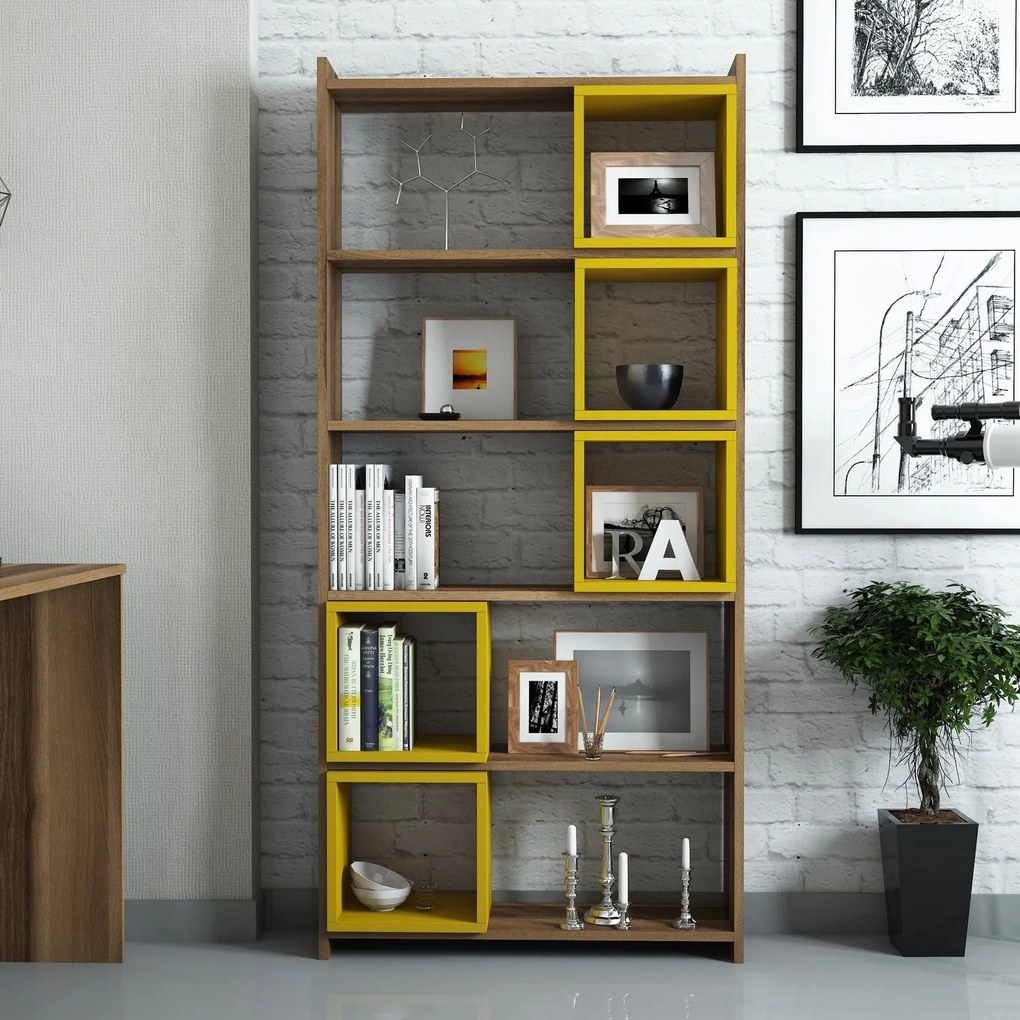 Estante Box – Nogueira e Amarelo – 80x170x22 cm