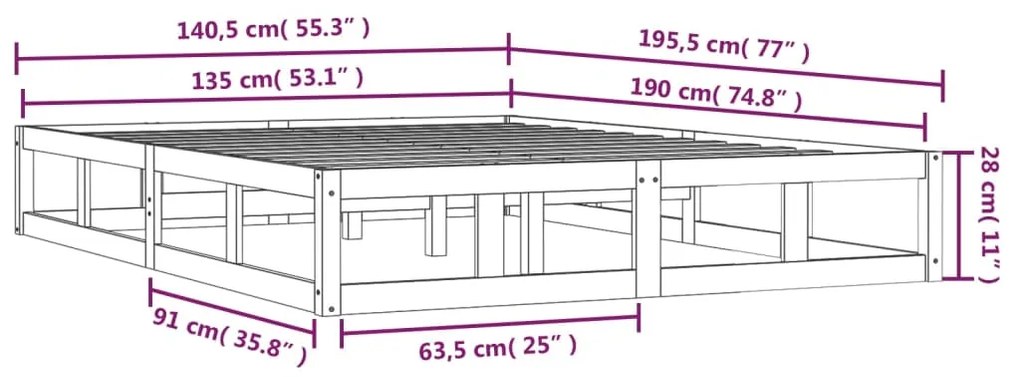 Estrutura de cama casal 135x190 cm 4FT6 madeira maciça