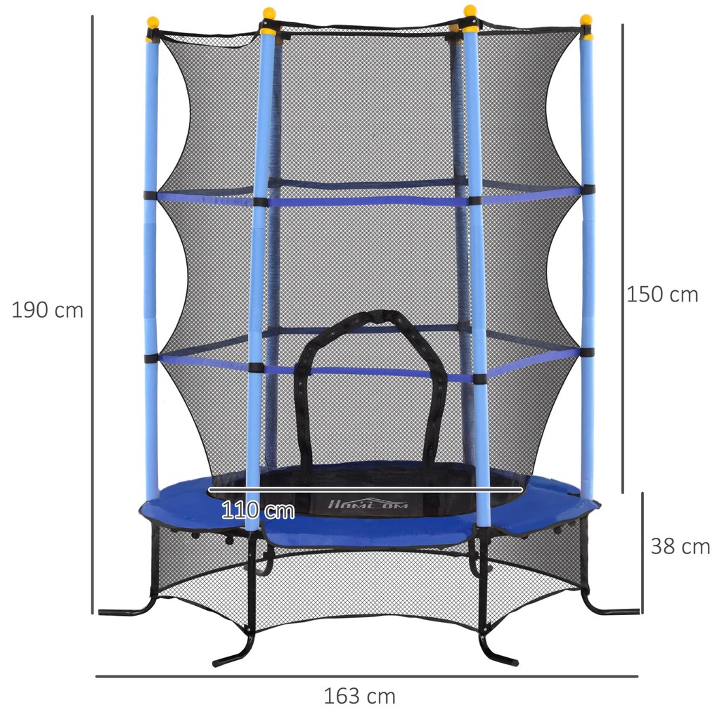 Trampolim para Crianças com Rede de Segurança e Estrutura de Aço para Interiores e Exteriores Carga 50 kg Ø163x190 cm Azul