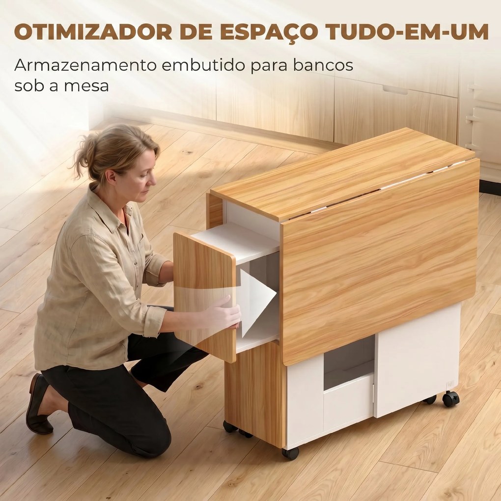 Conjunto de Mesa de Jantar Dobrável com 4 Bancos Ocultos, 2 Abas Rebatíveis, Rodas e Prateleiras, cor Carvalho