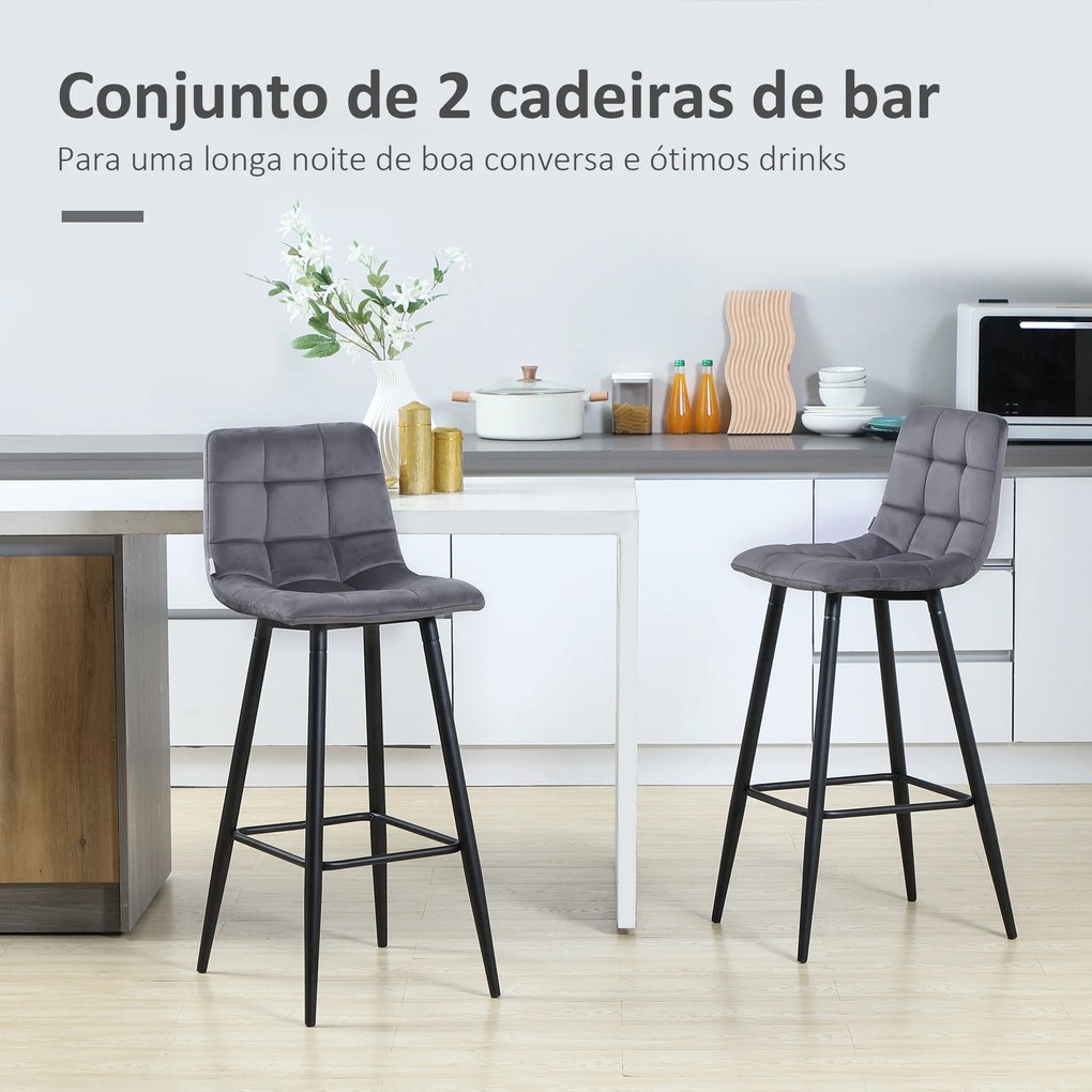 Conjunto de 2 Bancos Altos de Cozinha Bancos de Bar Estofados em Veludo com Apoio para os Pés e Encosto Cinzento
