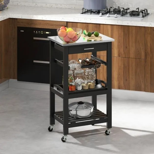 Carrinho de cozinha 47 x 39 x 85 cm de 4 níveis com bancada de metal Gaveta removível Cesto Bandeja móvel Preto