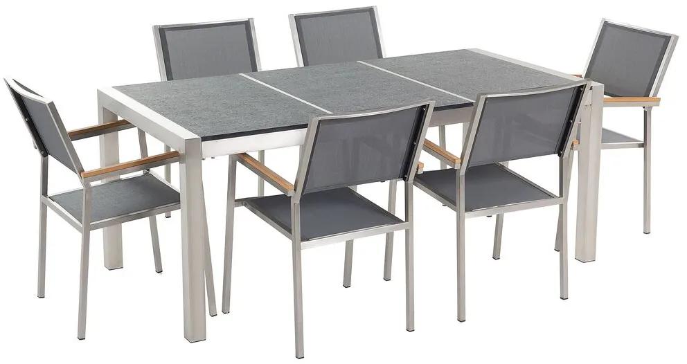 Conjunto de mesa com tampo triplo granito flameado preto 180 x 90 cm e 6 cadeiras cinzentas GROSSETO Beliani