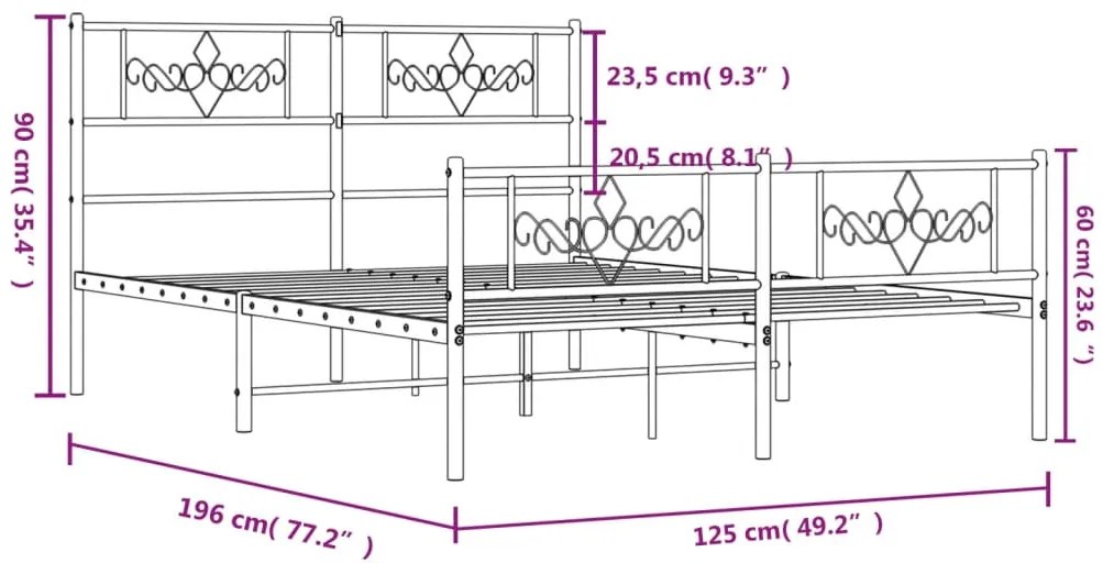 Estrutura de cama com cabeceira e pés 120x190 cm metal preto