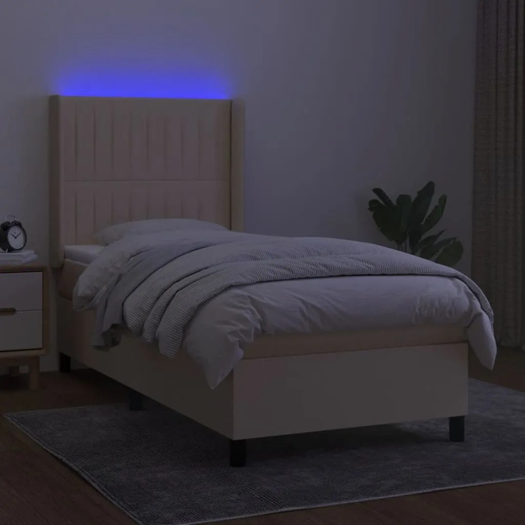 Cama box spring c/ colchão e LED 90x200 cm tecido cor creme