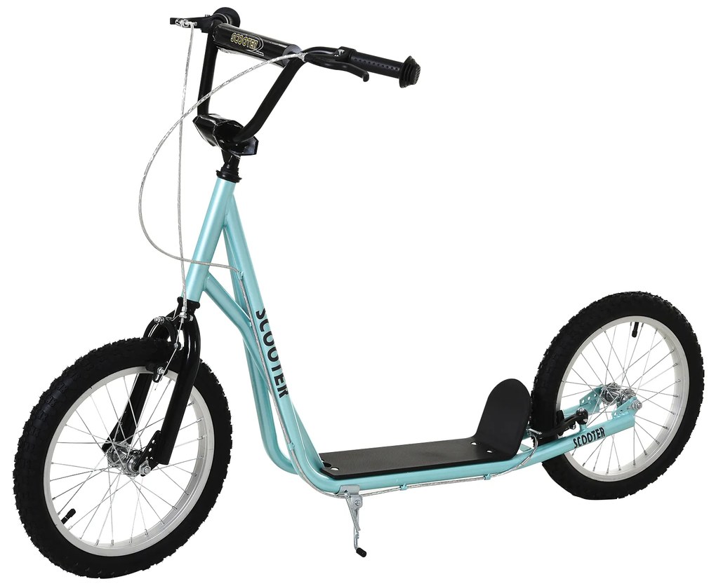 HOMCOM Trotinete com Guiador Ajustável 2 Pneus de Borracha Insufláveis com Travagem Dupla e Rodas 16" 139x58x90-96 cm Azul | Aosom Portugal