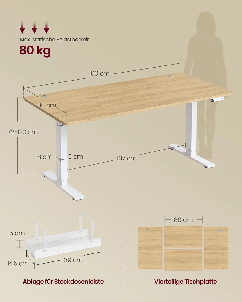 Secretária eletrica 160 x 80 x (72-120) cm com altura ajustável, porta USB e função de memória, cor carvalho dourado