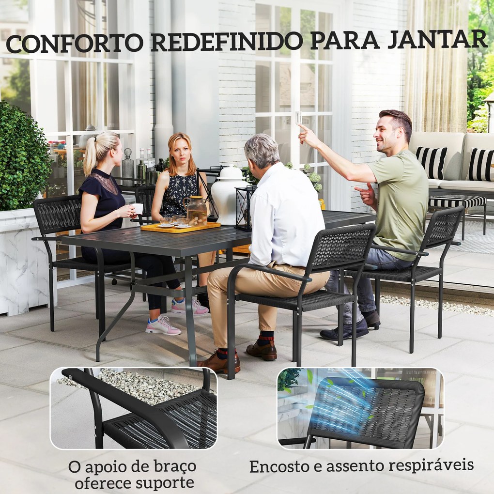 Conjunto de 4 Cadeiras de Jardim Exterior Empilháveis (MESA NÃO INCLUIDA) com Apoios de Braços Encosto e Estrutura de Aço 55x60x83 cm Preto