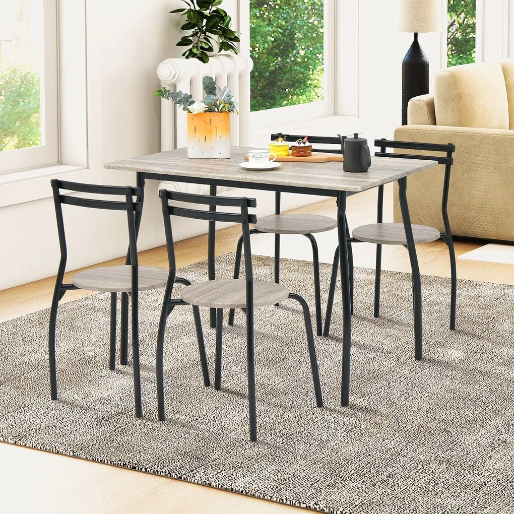 Conjunto de mesa de jantar de 5 peças para 4 pessoas Mesa de jantar retangular e 4 cadeiras sem braços com estrutura de metal natural