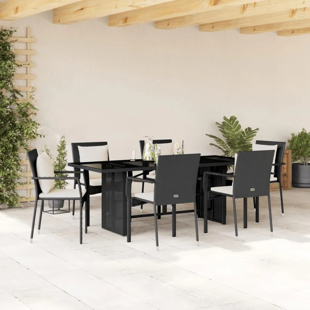 vidaXL 7 pcs conjunto de jantar p/ jardim c/ almofadões vime PE preto