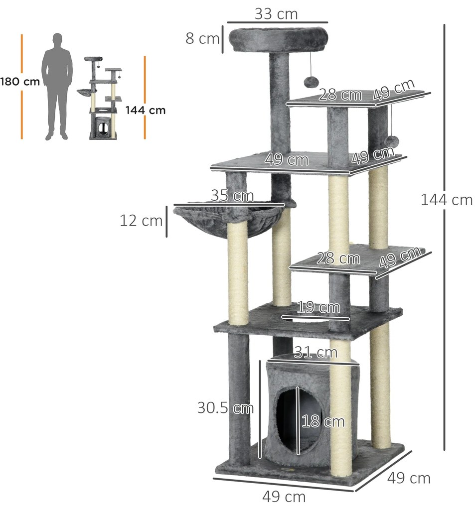 PawHut Arranhador para Gatos Grande 144 cm Torre para Gatos com Poste