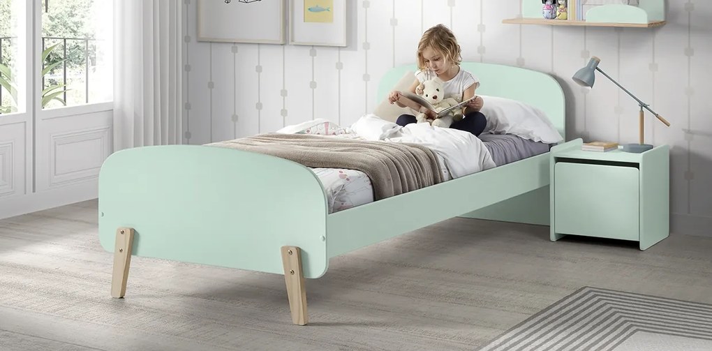 Conjunto cama infantil KIDDY (90x200) + Estrado + mesa de cabeceira Verde Menta