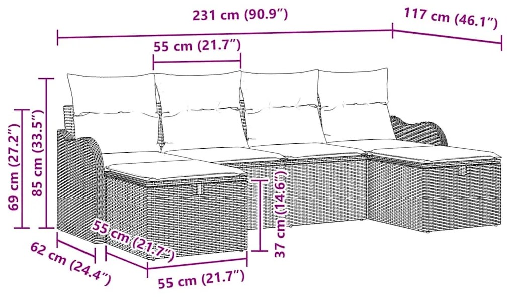 Conjunto de Sofá de Jardim vidaXL com Almofadas Bege Vime Poliéster