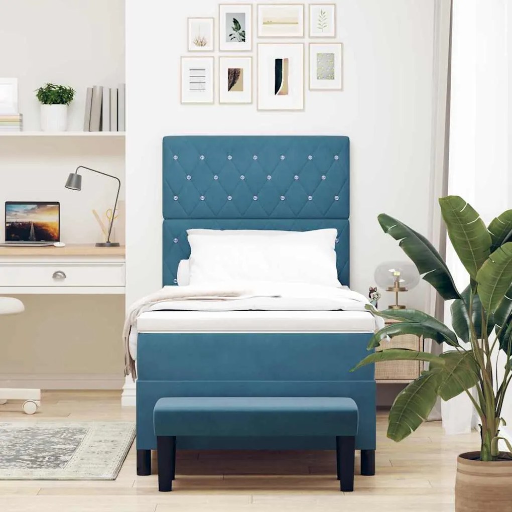 Cama Box com Colchão e Banco Azul Escuro 90x190 cm Veludo