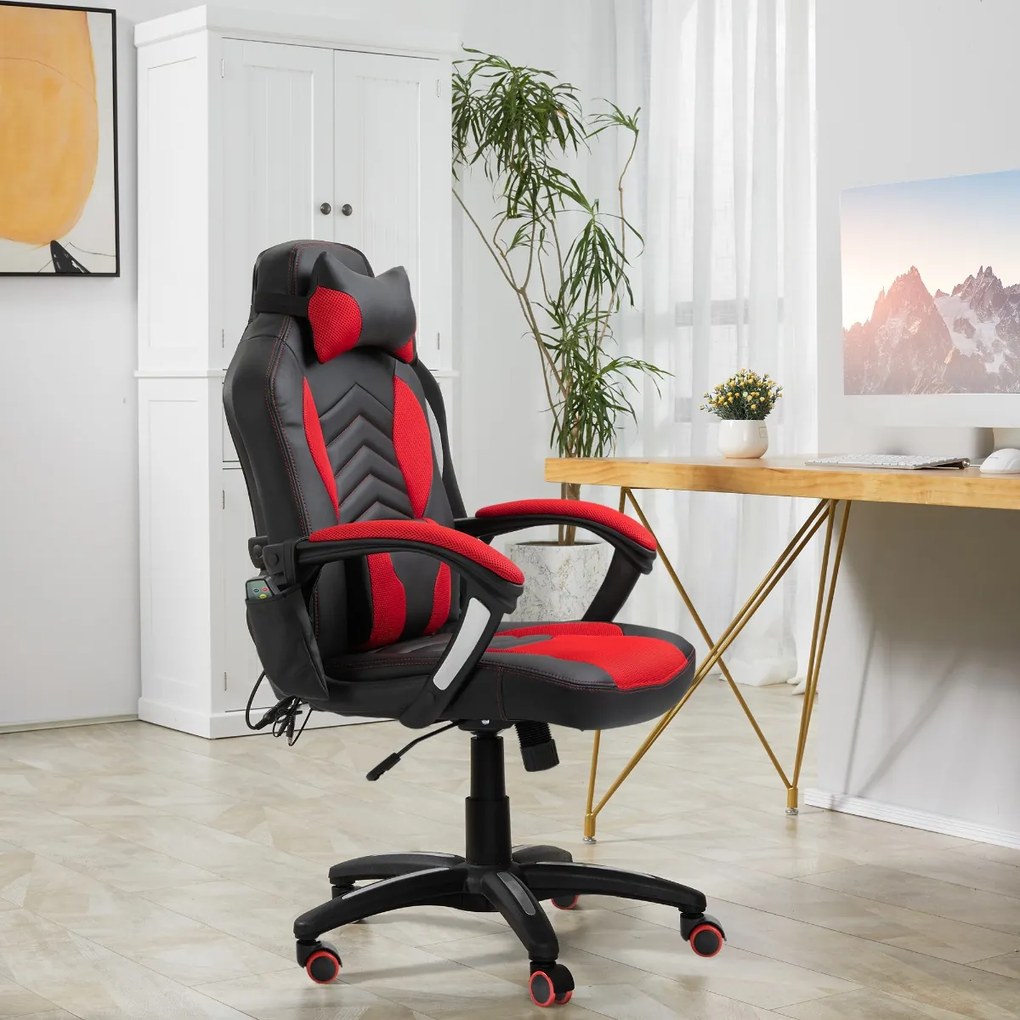 HomCom Cadeira de Escritório Gaming Reclinável e Giratória com 6 Pontos de Massagem e Aquecimento - 68x69x108-117 cm