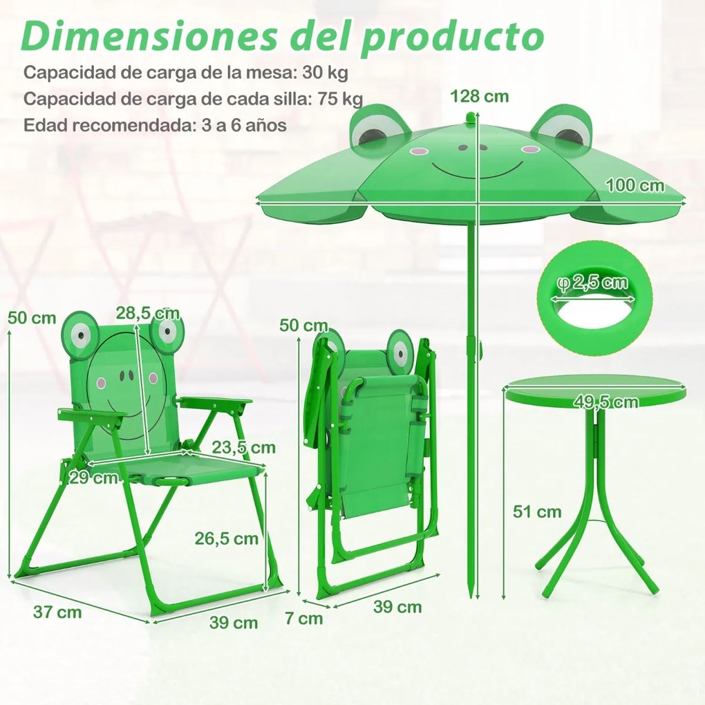 Conjunto de piquenique para Crianças 3-6 anos Mesa de atividades ao ar livre com 2 cadeiras dobráveis e guarda-sol ajustável em altura Verde