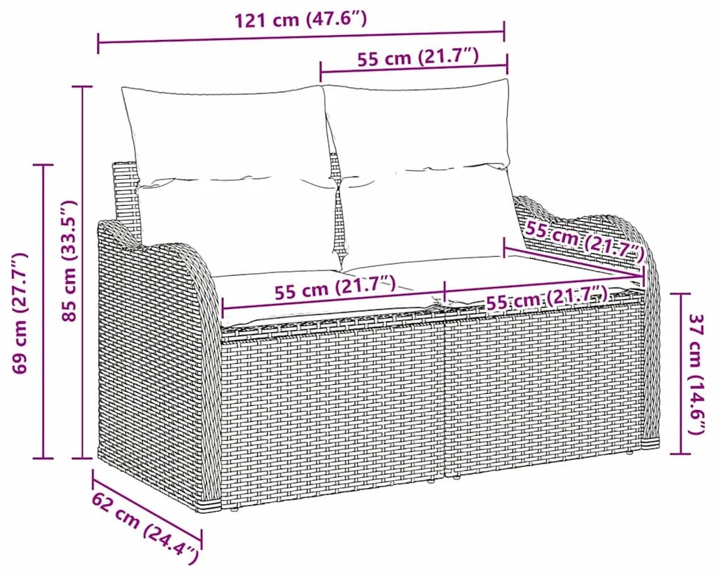 Sofá de jardim 2 lugares vidaXL com almofadas em rattan sintético cast
