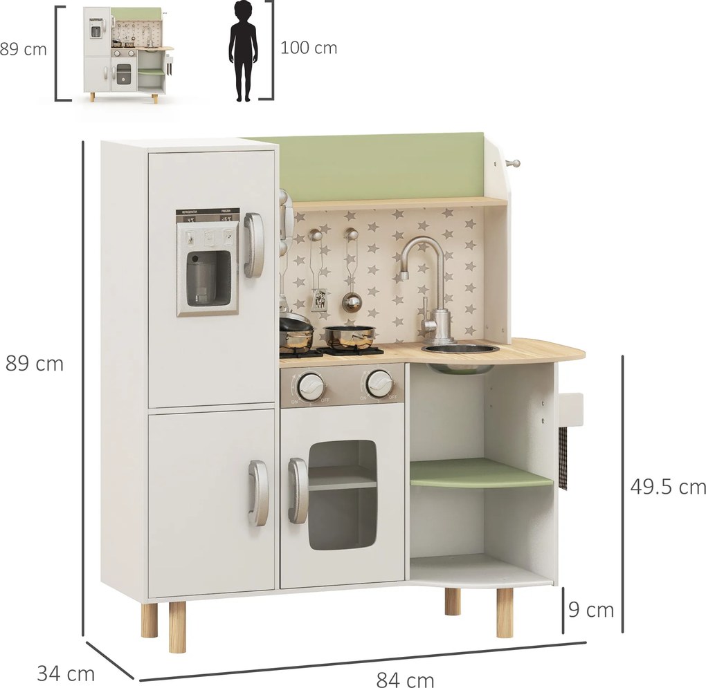 Cozinha de Madeira para Crianças com Máquina de Gelo Lavatório de Aço Inoxidável e Utensílios 84x34x89 cm Branco