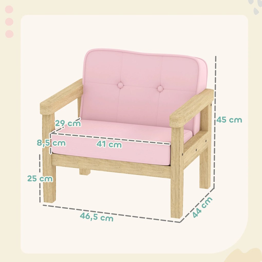 Poltrona Infantil Sofá para Crianças acima de 3 Anos com Tecido Suave de Veludo Cotelê Estrutura de Madeira 46,5x44x45 cm Rosa