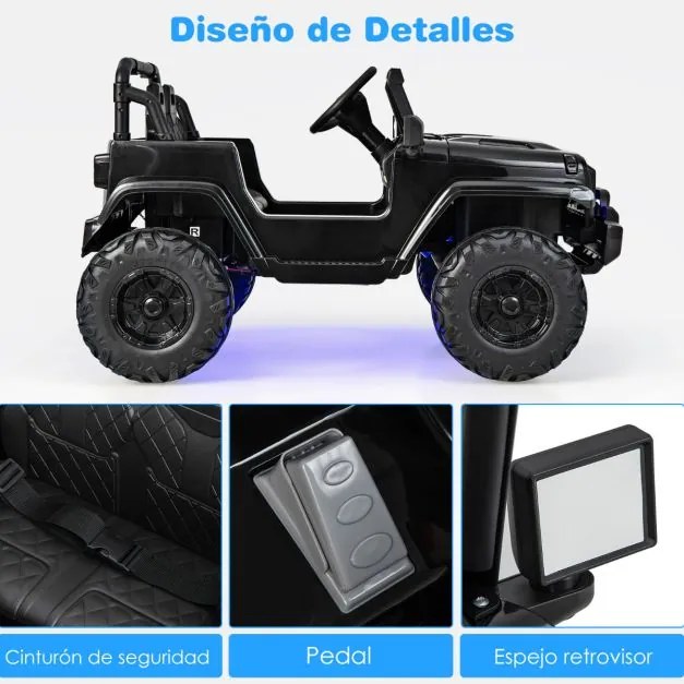 Carro Elétrico para Crianças 12V 2 Lugares Velocidade Ajustável Todo-o-Terreno com Controlo Remoto 2.4G Música Luzes USB Preto