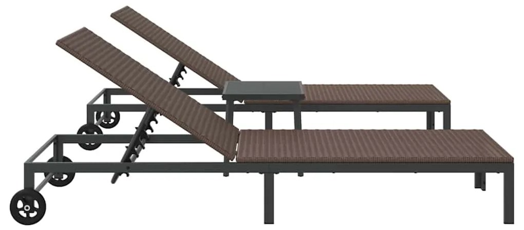Conjuntos de espreguiçadeiras 2 pcs com rodas e mesa em rattan sintéti