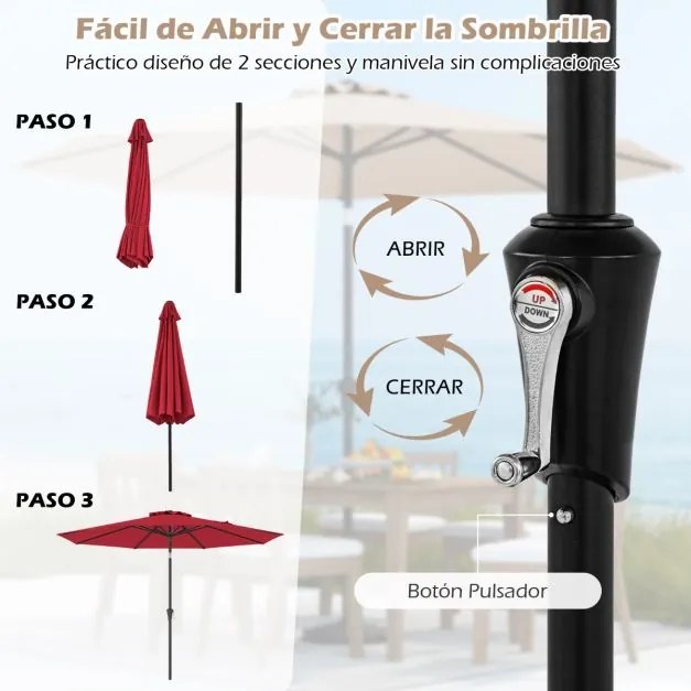 Guarda-sol 303 cm com mecanismo de inclinação de 25° e manivela, 8 varetas reforçadas para terraço, sem base, vermelho cor vinho