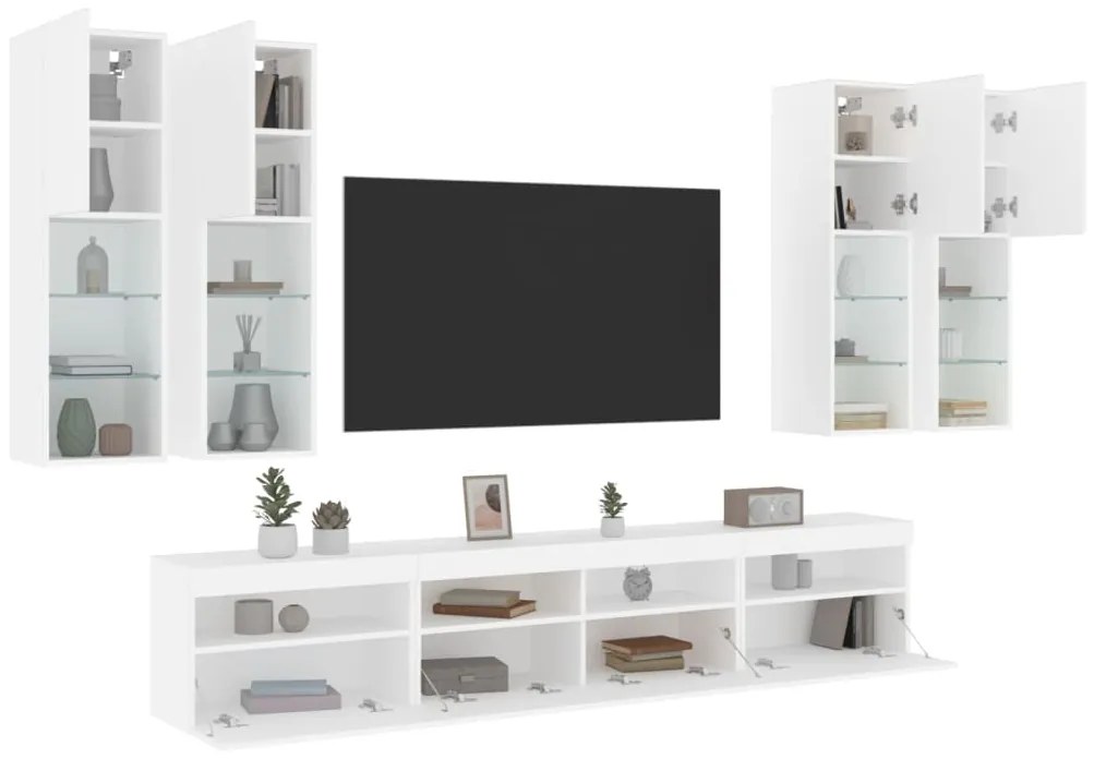 vidaXL 7 pcs conjunto de móveis de parede para TV com luzes LED branco