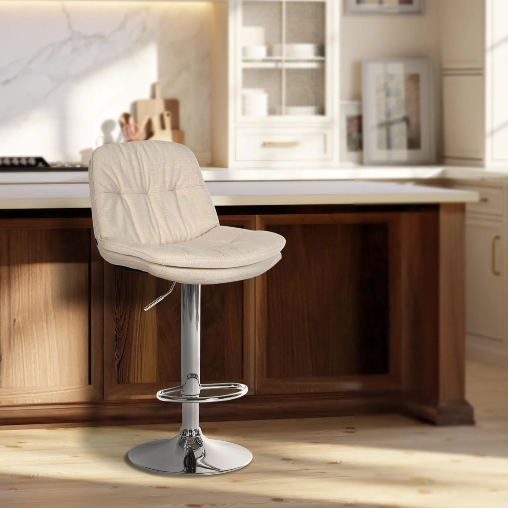 Banco de bar em tecido com estrutura prateada 92-113 x 46 x 54 cm cor creme