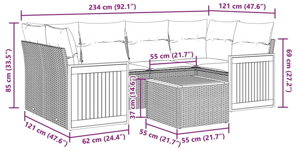 7 pcs conjunto de sofás p/ jardim com almofadões vime PE bege