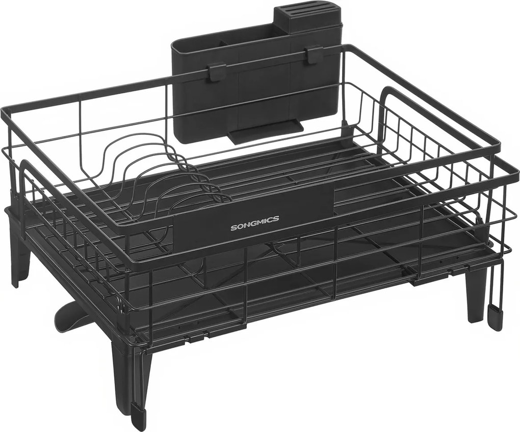 Escorredor de pratos com bandeja extensível (31-56) x 42 x 20 cm, giratório em 360° preto