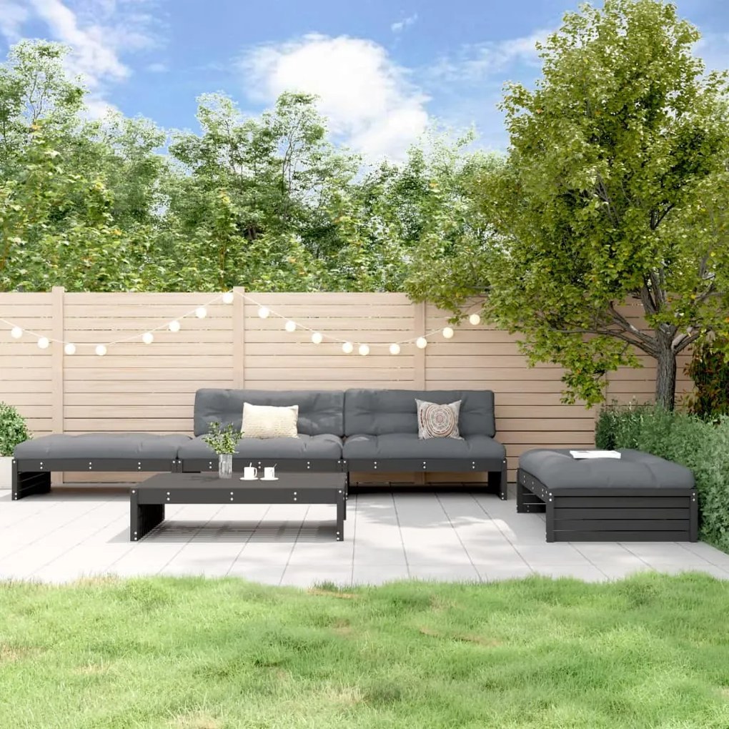 5pcs conjunto lounge jardim com almofadões madeira maciça preto