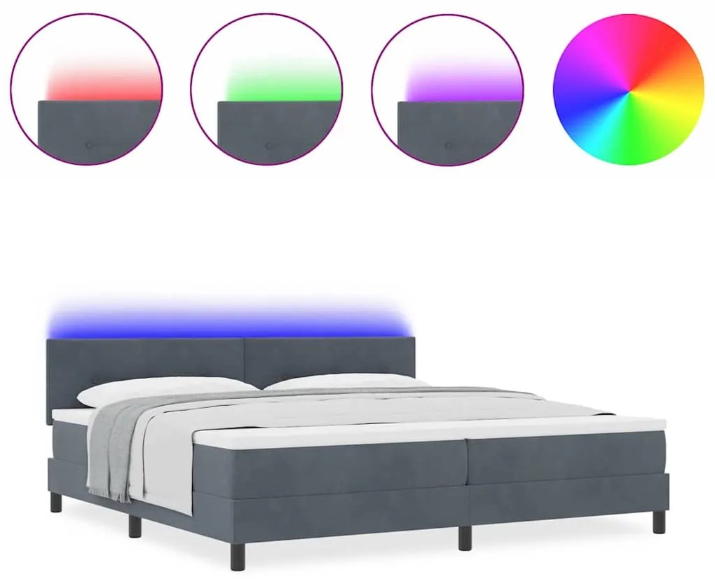 Cama Box Spring vidaXL com Colchão e LED Cinza Escuro 200x200 cm Velud